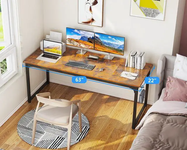 Alt view image 5 of 6 - 63 Inch Computer Desk for Home Office, Study Writing Table for Small Spaces, Simple Modern Desk with Headphone Hooks, Rustic Brown