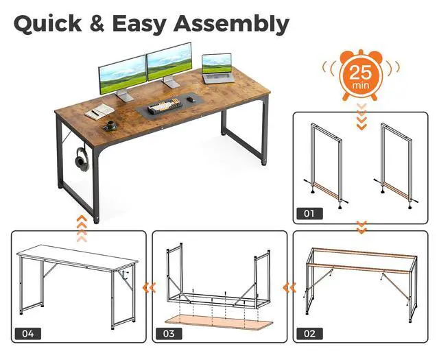 Alt view image 6 of 6 - 63 Inch Computer Desk for Home Office, Study Writing Table for Small Spaces, Simple Modern Desk with Headphone Hooks, Rustic Brown