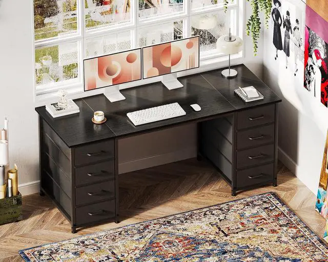 Alt view image 2 of 5 - 55 Inches Computer Desk with 8 Fabric Drawers, Modern Office Desk with Large Storage for Home Office, Study, Black