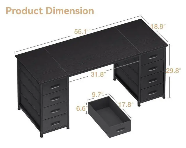 Alt view image 3 of 5 - 55 Inches Computer Desk with 8 Fabric Drawers, Modern Office Desk with Large Storage for Home Office, Study, Black