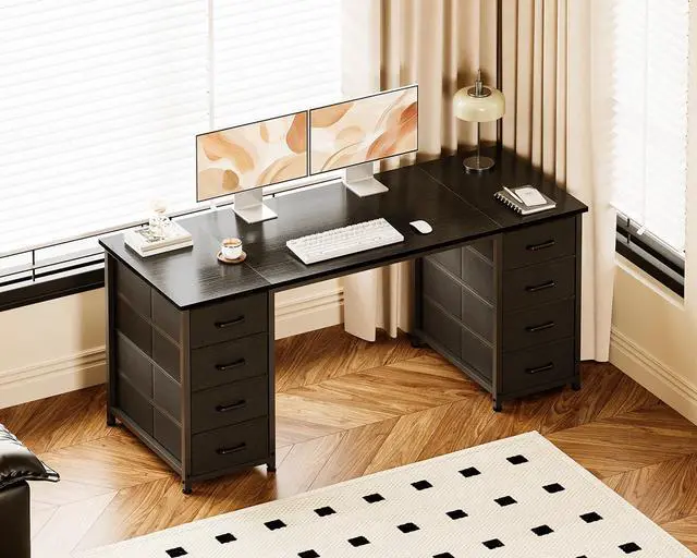 Alt view image 4 of 5 - 55 Inches Computer Desk with 8 Fabric Drawers, Modern Office Desk with Large Storage for Home Office, Study, Black