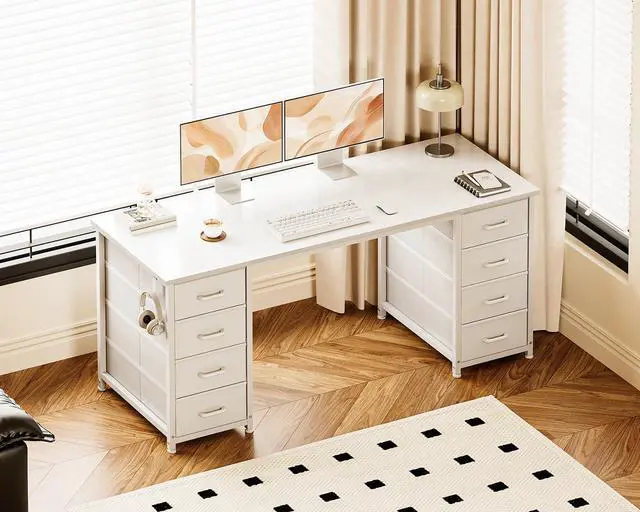 Alt view image 2 of 6 - 55 Inches Computer Desk with 8 Fabric Drawers, Modern Office Desk with Large Storage for Home Office, Study, White