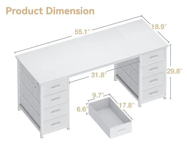 Alt view image 3 of 6 - 55 Inches Computer Desk with 8 Fabric Drawers, Modern Office Desk with Large Storage for Home Office, Study, White