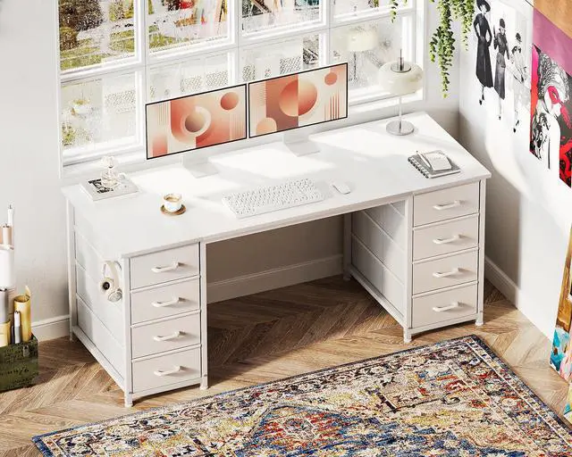 Alt view image 6 of 6 - 55 Inches Computer Desk with 8 Fabric Drawers, Modern Office Desk with Large Storage for Home Office, Study, White