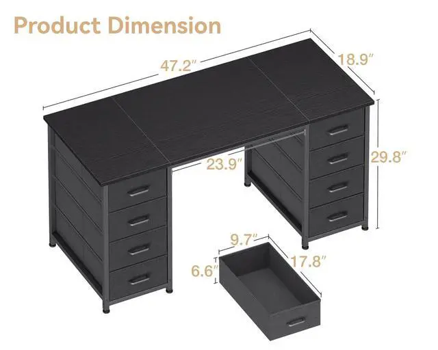 Alt view image 3 of 5 - 48 Inches Computer Desk with 8 Fabric Drawers, Modern Office Desk with Large Storage for Home Office, Study, Black
