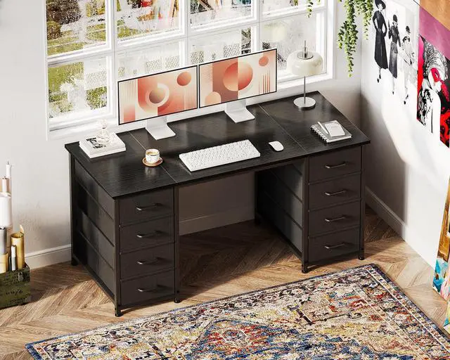Alt view image 4 of 5 - 48 Inches Computer Desk with 8 Fabric Drawers, Modern Office Desk with Large Storage for Home Office, Study, Black