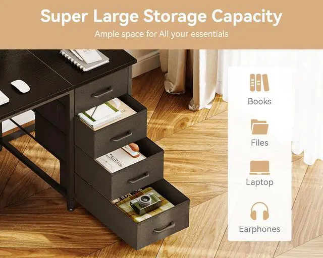 Alt view image 5 of 5 - 48 Inches Computer Desk with 8 Fabric Drawers, Modern Office Desk with Large Storage for Home Office, Study, Black