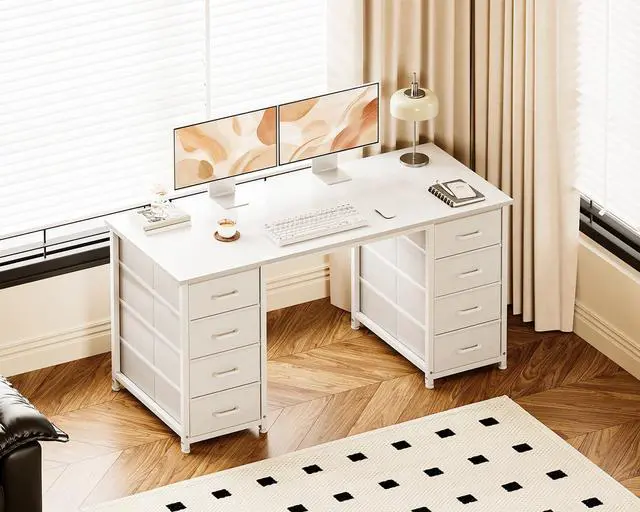 Alt view image 2 of 6 - 48 Inches Computer Desk with 8 Fabric Drawers, Modern Office Desk with Large Storage for Home Office, Study, White