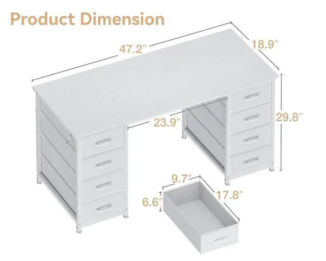 Alt view image 3 of 6 - 48 Inches Computer Desk with 8 Fabric Drawers, Modern Office Desk with Large Storage for Home Office, Study, White