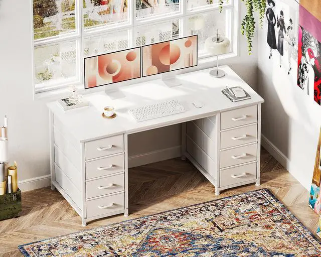Alt view image 4 of 6 - 48 Inches Computer Desk with 8 Fabric Drawers, Modern Office Desk with Large Storage for Home Office, Study, White
