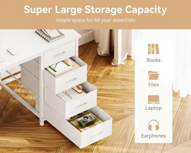 Alt view image 5 of 6 - 48 Inches Computer Desk with 8 Fabric Drawers, Modern Office Desk with Large Storage for Home Office, Study, White