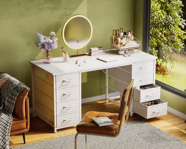 Alt view image 6 of 6 - 48 Inches Computer Desk with 8 Fabric Drawers, Modern Office Desk with Large Storage for Home Office, Study, White