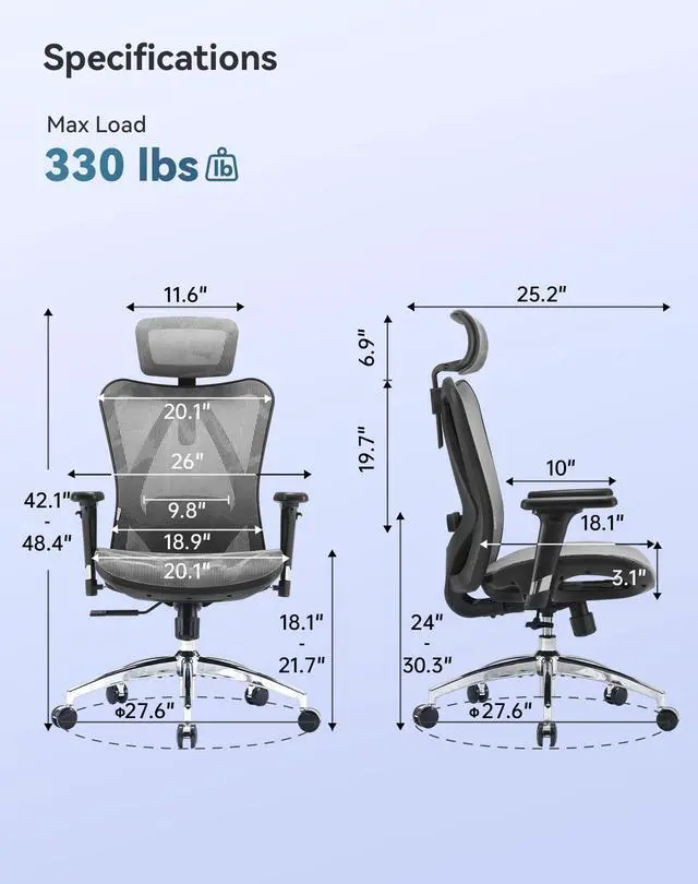 Alt view image 3 of 6 - M57 Ergonomic Mesh Office Chair, High Back Home Desk Chair with 3D Armrests, Lumbar Support and Adjustable Headrest, Comfortable Computer Chair, Big & Tall Office Chair Hold 330 LBS-Grey