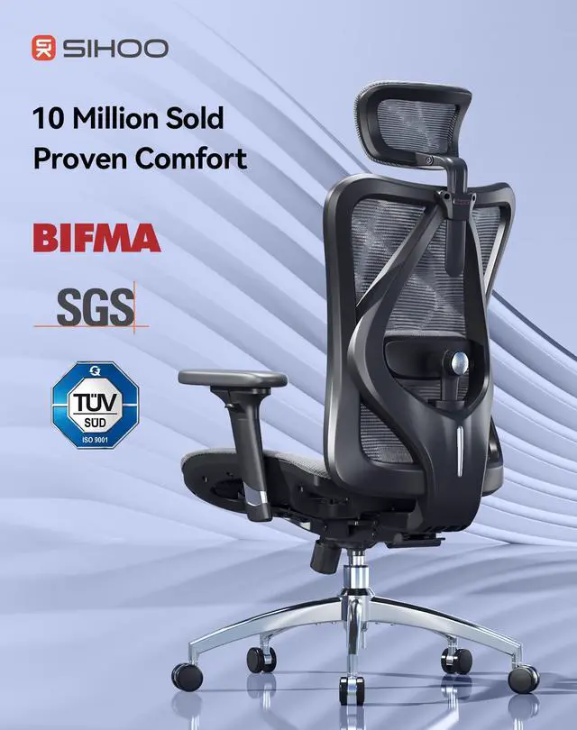 Alt view image 5 of 6 - M57 Ergonomic Mesh Office Chair, High Back Home Desk Chair with 3D Armrests, Lumbar Support and Adjustable Headrest, Comfortable Computer Chair, Big & Tall Office Chair Hold 330 LBS-Grey