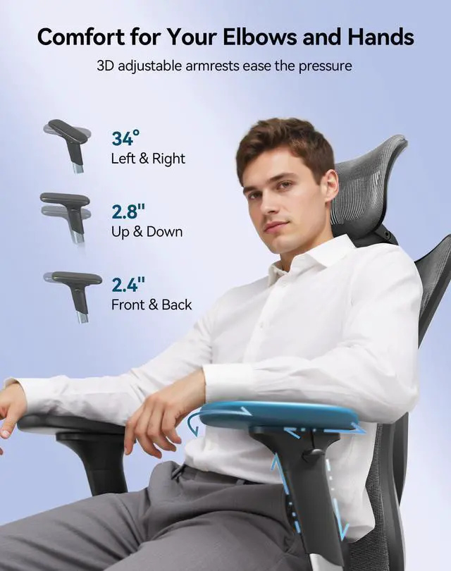 Alt view image 6 of 6 - M57 Ergonomic Mesh Office Chair, High Back Home Desk Chair with 3D Armrests, Lumbar Support and Adjustable Headrest, Comfortable Computer Chair, Big & Tall Office Chair Hold 330 LBS-Grey