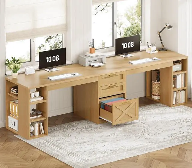 Main image of Farmhouse 96.5" Computer Desk with Drawers, 2 Person Home Office Desk, Gaming Double Desk with Storage Shelves, Long Two Person Writing Desk, Oak