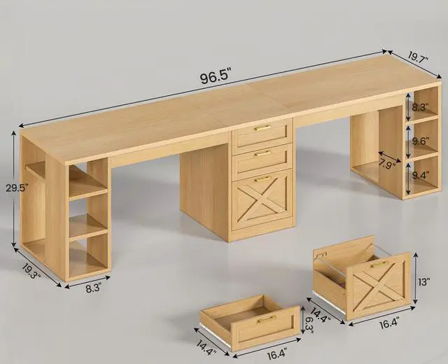 Alt view image 2 of 6 - Farmhouse 96.5" Computer Desk with Drawers, 2 Person Home Office Desk, Gaming Double Desk with Storage Shelves, Long Two Person Writing Desk, Oak