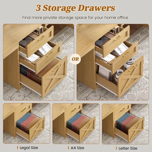 Alt view image 4 of 6 - Farmhouse 96.5" Computer Desk with Drawers, 2 Person Home Office Desk, Gaming Double Desk with Storage Shelves, Long Two Person Writing Desk, Oak