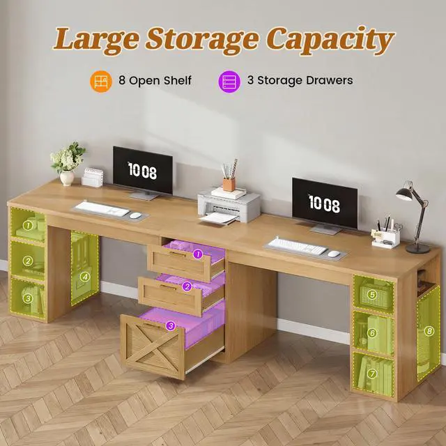 Alt view image 5 of 6 - Farmhouse 96.5" Computer Desk with Drawers, 2 Person Home Office Desk, Gaming Double Desk with Storage Shelves, Long Two Person Writing Desk, Oak