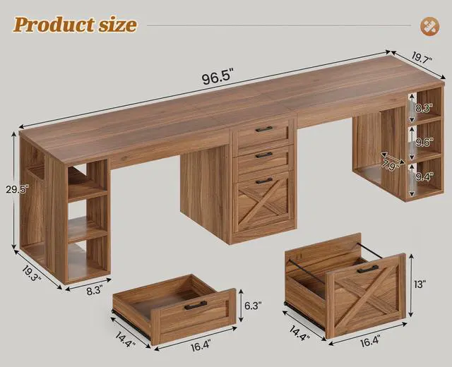 Alt view image 2 of 6 - Farmhouse 96.5" Computer Desk with Drawers, 2 Person Home Office Desk, Gaming Double Desk with Storage Shelves, Long Two Person Writing Desk, Brown