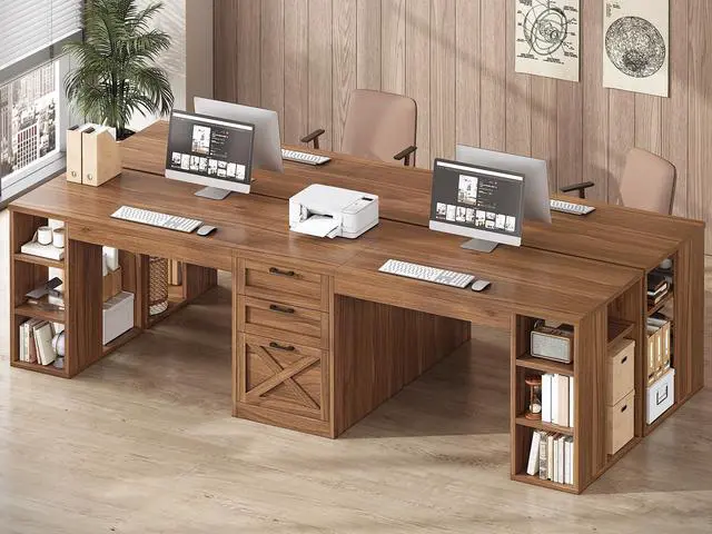 Alt view image 3 of 6 - Farmhouse 96.5" Computer Desk with Drawers, 2 Person Home Office Desk, Gaming Double Desk with Storage Shelves, Long Two Person Writing Desk, Brown