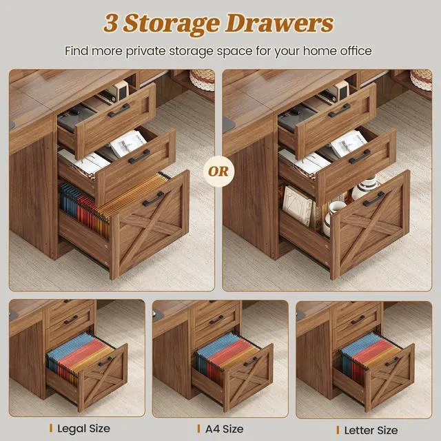 Alt view image 4 of 6 - Farmhouse 96.5" Computer Desk with Drawers, 2 Person Home Office Desk, Gaming Double Desk with Storage Shelves, Long Two Person Writing Desk, Brown