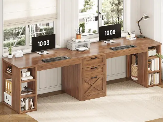Alt view image 6 of 6 - Farmhouse 96.5" Computer Desk with Drawers, 2 Person Home Office Desk, Gaming Double Desk with Storage Shelves, Long Two Person Writing Desk, Brown