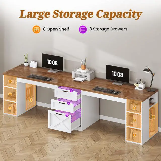 Alt view image 5 of 6 - Farmhouse 96.5" Computer Desk with Drawers, 2 Person Home Office Desk, Gaming Double Desk with Storage Shelves, Long Two Person Writing Desk (White and Brown)