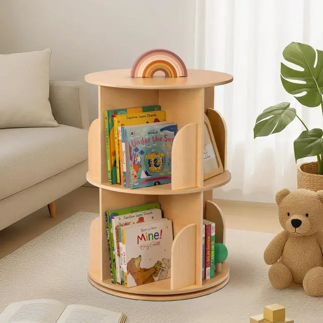 Alt view image 2 of 6 - 2 Tier Rotating Bookshelf, Small Corner Bookshelf Floor Standing Wooden Narrow Bookcase Organizer for Kidsroom, Bedroom, Living Room