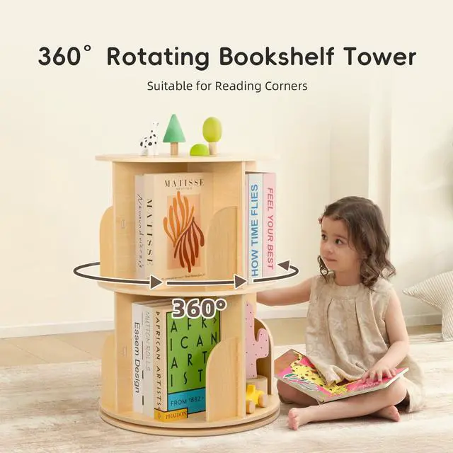 Alt view image 4 of 6 - 2 Tier Rotating Bookshelf, Small Corner Bookshelf Floor Standing Wooden Narrow Bookcase Organizer for Kidsroom, Bedroom, Living Room