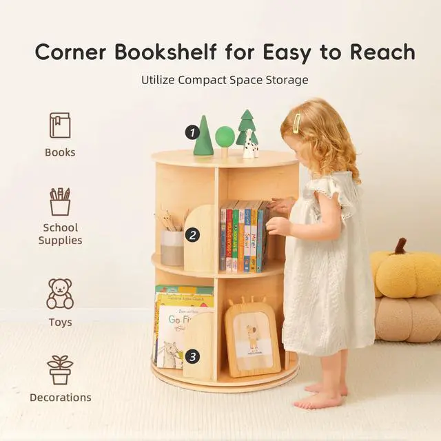 Alt view image 5 of 6 - 2 Tier Rotating Bookshelf, Small Corner Bookshelf Floor Standing Wooden Narrow Bookcase Organizer for Kidsroom, Bedroom, Living Room