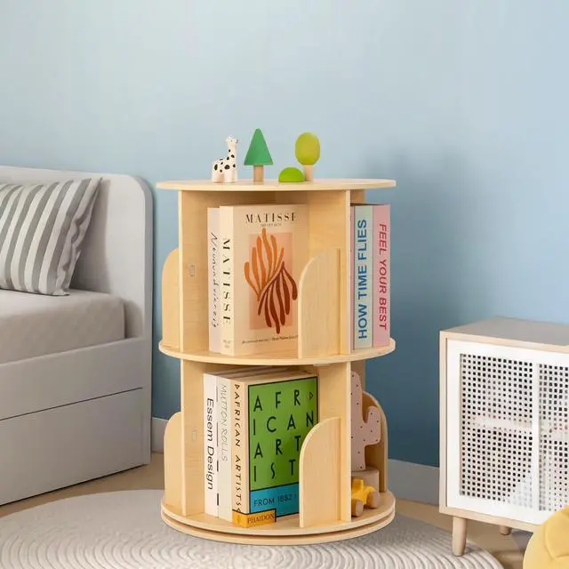 Alt view image 6 of 6 - 2 Tier Rotating Bookshelf, Small Corner Bookshelf Floor Standing Wooden Narrow Bookcase Organizer for Kidsroom, Bedroom, Living Room