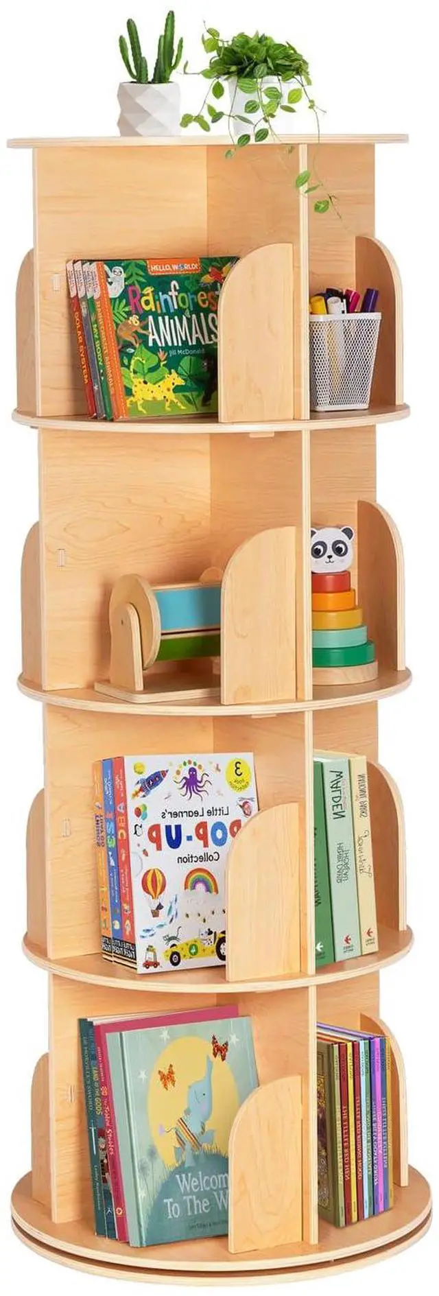 Main image of Rotating Bookshelf for Kids & Adults, Spinning Bookshelf Tower with Large Capacity for Small Space, 360° Display 4 Tier Floor Small Round Corner Shelf for Library, Bedroom, Living Room, Office