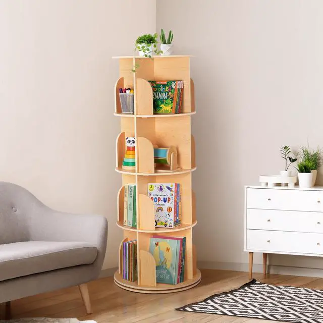 Alt view image 2 of 6 - Rotating Bookshelf for Kids & Adults, Spinning Bookshelf Tower with Large Capacity for Small Space, 360° Display 4 Tier Floor Small Round Corner Shelf for Library, Bedroom, Living Room, Office