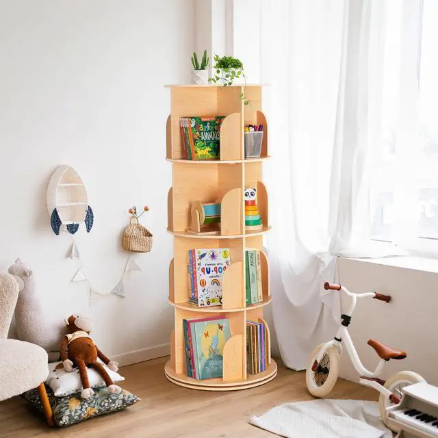 Alt view image 4 of 6 - Rotating Bookshelf for Kids & Adults, Spinning Bookshelf Tower with Large Capacity for Small Space, 360° Display 4 Tier Floor Small Round Corner Shelf for Library, Bedroom, Living Room, Office