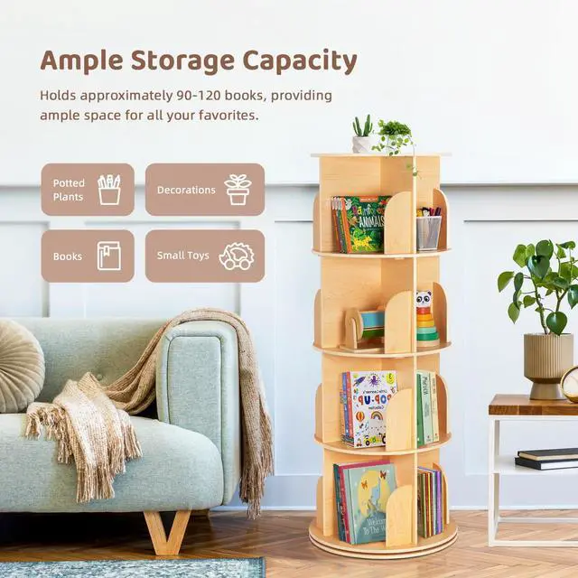 Alt view image 5 of 6 - Rotating Bookshelf for Kids & Adults, Spinning Bookshelf Tower with Large Capacity for Small Space, 360° Display 4 Tier Floor Small Round Corner Shelf for Library, Bedroom, Living Room, Office
