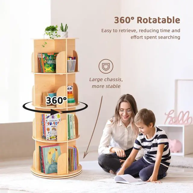 Alt view image 6 of 6 - Rotating Bookshelf for Kids & Adults, Spinning Bookshelf Tower with Large Capacity for Small Space, 360° Display 4 Tier Floor Small Round Corner Shelf for Library, Bedroom, Living Room, Office