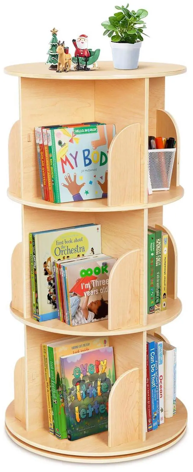 Main image of Kids Rotating Bookshelf, Small Corner Bookshelf for Small Space, 360° Display 3 Tier Floor Standing Bookcase Storage Rack, Wooden Narrow Bookcase Organizer for Bedroom, Living Room