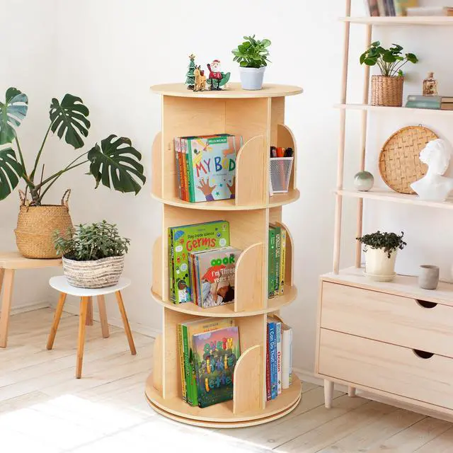 Alt view image 2 of 6 - Kids Rotating Bookshelf, Small Corner Bookshelf for Small Space, 360° Display 3 Tier Floor Standing Bookcase Storage Rack, Wooden Narrow Bookcase Organizer for Bedroom, Living Room