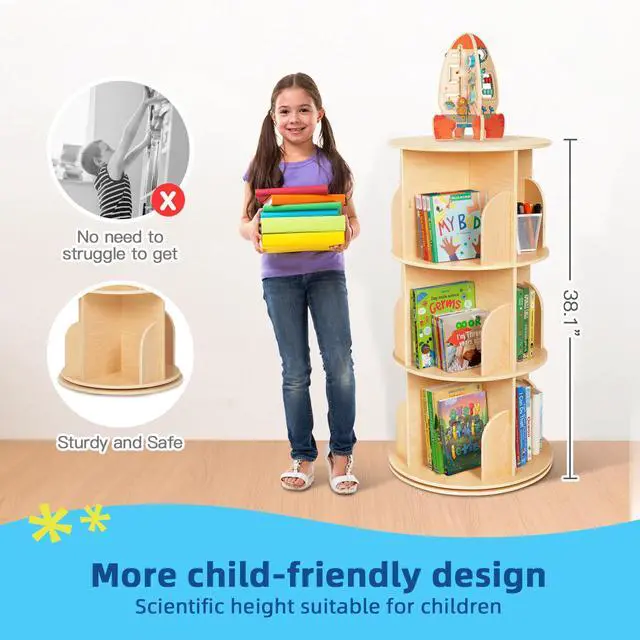 Alt view image 3 of 6 - Kids Rotating Bookshelf, Small Corner Bookshelf for Small Space, 360° Display 3 Tier Floor Standing Bookcase Storage Rack, Wooden Narrow Bookcase Organizer for Bedroom, Living Room