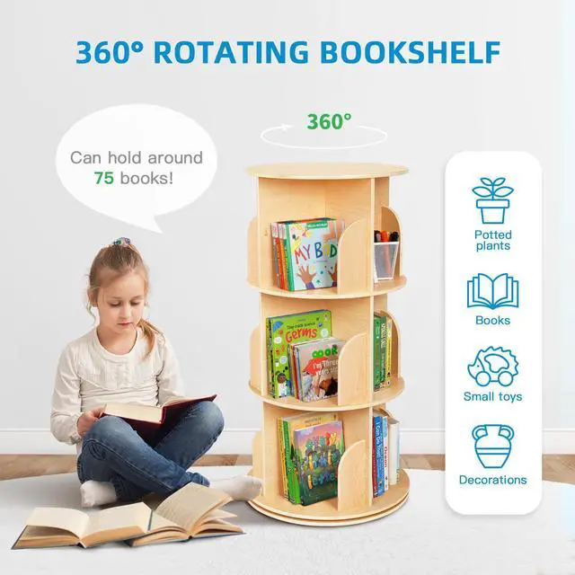 Alt view image 5 of 6 - Kids Rotating Bookshelf, Small Corner Bookshelf for Small Space, 360° Display 3 Tier Floor Standing Bookcase Storage Rack, Wooden Narrow Bookcase Organizer for Bedroom, Living Room