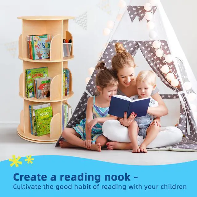 Alt view image 6 of 6 - Kids Rotating Bookshelf, Small Corner Bookshelf for Small Space, 360° Display 3 Tier Floor Standing Bookcase Storage Rack, Wooden Narrow Bookcase Organizer for Bedroom, Living Room