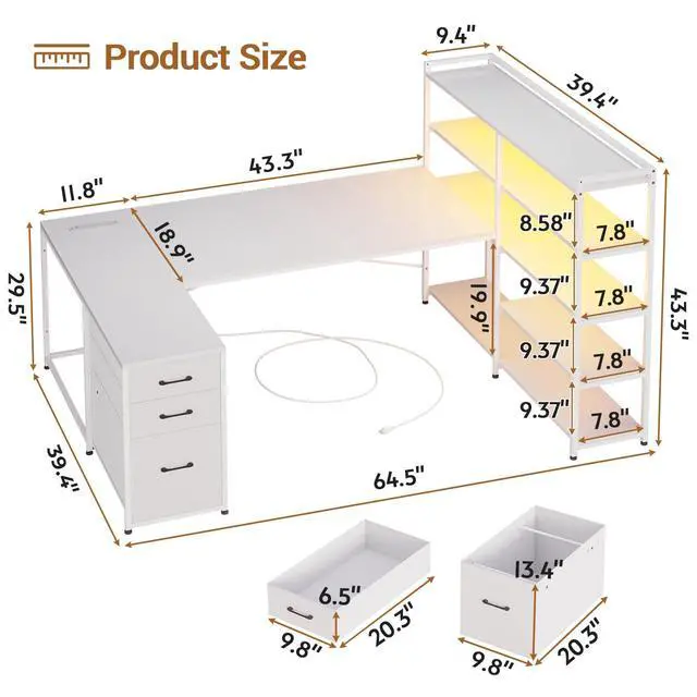 Alt view image 2 of 6 - L Shaped Office Desk with Drawers, 64.5" Reversible Computer Desk with Storage Shelves and Power Outlet, Corner Gaming Desk with LED Strip for Home Office, White