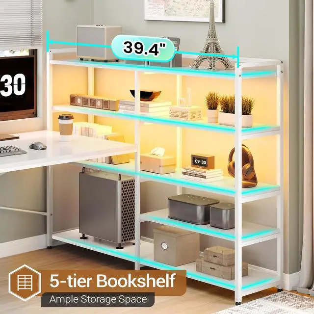 Alt view image 5 of 6 - L Shaped Office Desk with Drawers, 64.5" Reversible Computer Desk with Storage Shelves and Power Outlet, Corner Gaming Desk with LED Strip for Home Office, White