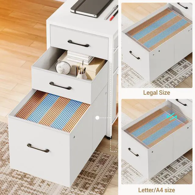 Alt view image 6 of 6 - L Shaped Office Desk with Drawers, 64.5" Reversible Computer Desk with Storage Shelves and Power Outlet, Corner Gaming Desk with LED Strip for Home Office, White
