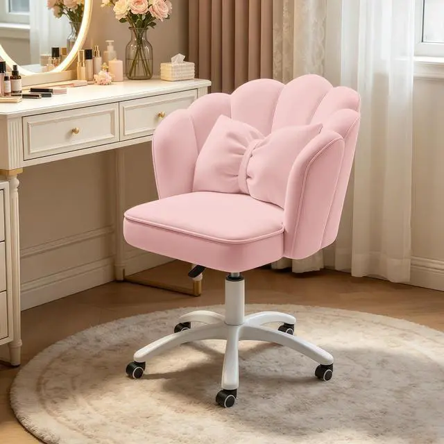 Main image of Petal Desk Chair with Bow Cushion Velvet Vanity Chair with Wheels, Upholstered Home Office Chair for Girls Women, Mid-Back Swivel Computer Task Chairs for Living Room Bedroom