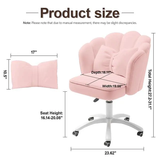 Alt view image 2 of 6 - Petal Desk Chair with Bow Cushion Velvet Vanity Chair with Wheels, Upholstered Home Office Chair for Girls Women, Mid-Back Swivel Computer Task Chairs for Living Room Bedroom