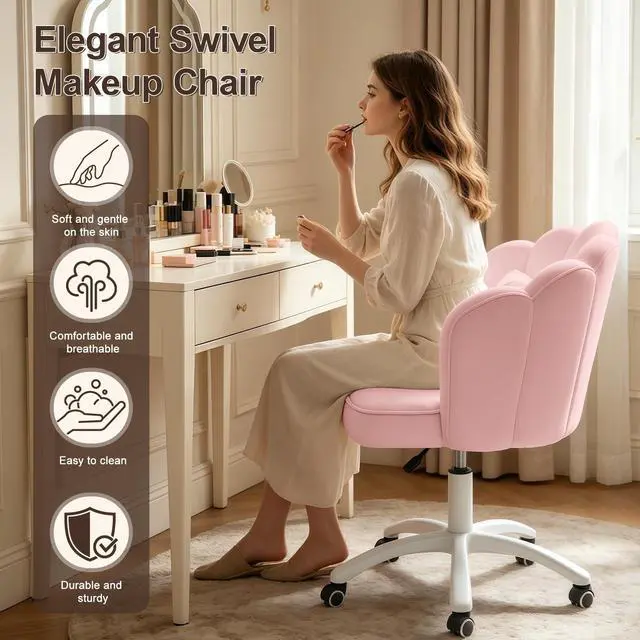Alt view image 3 of 6 - Petal Desk Chair with Bow Cushion Velvet Vanity Chair with Wheels, Upholstered Home Office Chair for Girls Women, Mid-Back Swivel Computer Task Chairs for Living Room Bedroom