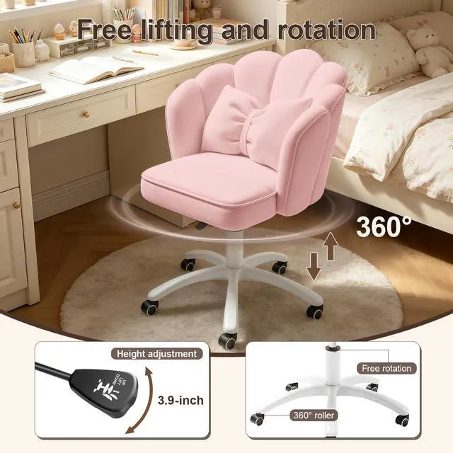Alt view image 4 of 6 - Petal Desk Chair with Bow Cushion Velvet Vanity Chair with Wheels, Upholstered Home Office Chair for Girls Women, Mid-Back Swivel Computer Task Chairs for Living Room Bedroom