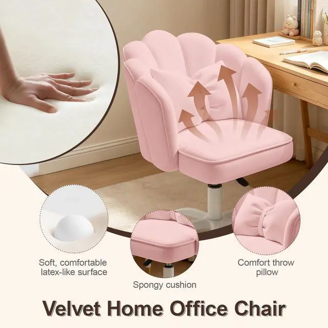 Alt view image 5 of 6 - Petal Desk Chair with Bow Cushion Velvet Vanity Chair with Wheels, Upholstered Home Office Chair for Girls Women, Mid-Back Swivel Computer Task Chairs for Living Room Bedroom